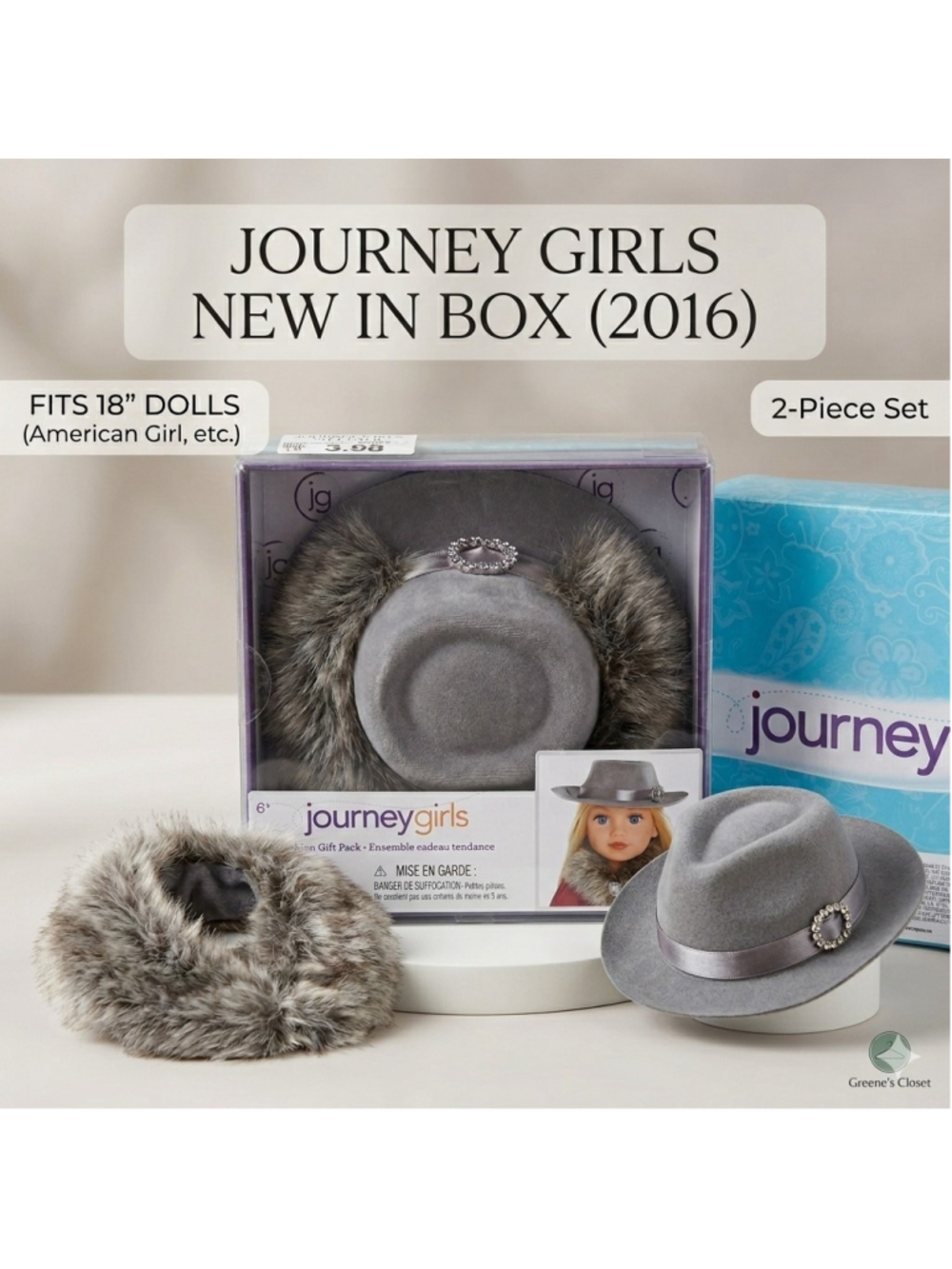 Journey Girls Fashion Gift Pack Grey Fedora Hat & Faux Fur Collar NIB 18" Doll